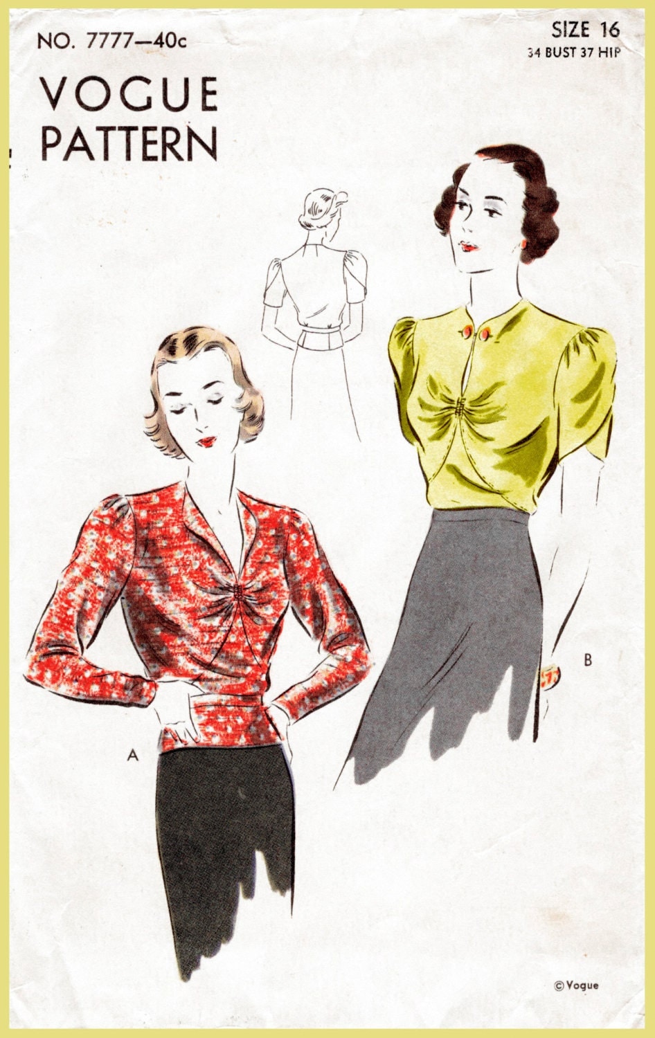 Vintage Sewing Pattern 1930s 30s Blouse Pattern Puff Sleeve