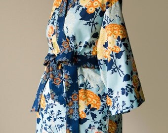 Maternity Kimono Robe. Lined Long robe. Maternity Hospital Gown. XS - Plus size. Floral cotton BTQ Blue Yellow Orange