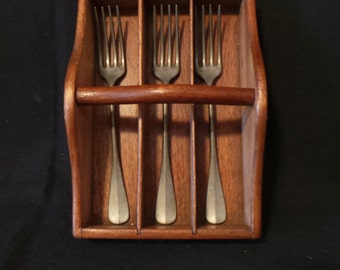 Vintage Handmade Handcrafted Wood Childs Toy Silverware Holder Pewter German Forks Set