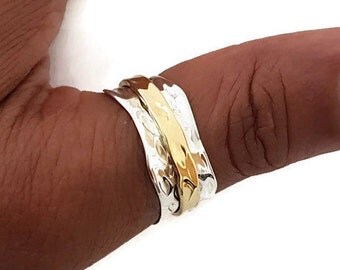 Spinner Ring Wavy Narrow Brass / Silver Two Tone Hammered, Narrow Spinner Ring, Thumb Spinner Ring, Womens Spinner Ring, Mistry Gems, SP42