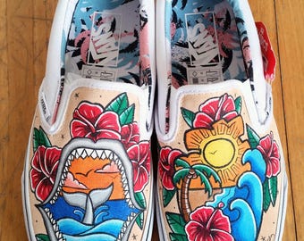 Handpainted Vans Slip on tattoo style - Hawaii waves shark whale