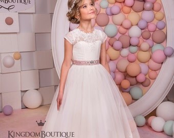 Lace Ivory Flower Girl Dress - Holiday Wedding Birthday Party Bridesmaid Ivory Lace Tulle Flower Girl Dress 14-1051