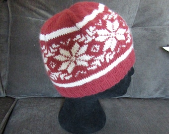 Knit wool hat fair isle red and white: hand knit warm and soft with snowflake pattern