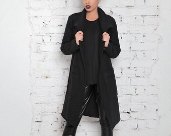 Black Coat / Military Coat / Wool Coat / Straight Coat / Long Black Coat / Black Cardigan / Wool Cardigan / Casual Coat / Designer Coat
