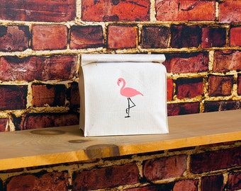 SMALL Flamingo Canvas Reusable Lunch Bag, Eco Friendly Bag 10'' Tall, 7" Wide, 4" Deep