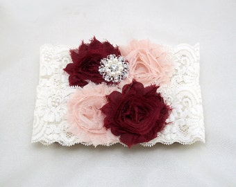 Blush Wine Burgundy Wedding Garter Set, Bridal Lace Garter, Shabby Flower, Ivory Stretch Lace, Rhinestone Pearl Bling, Gold Button BtnChc
