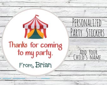 Personalized 12 Circus Tent Stickers Party Favor Labels, First Birthday, Birthday Party, Circus Birthday, Baby Shower