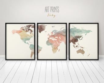 World map poster, 3 pieces world map print, Wall art, Art print, Office wall art, Travel gift, Wall decor, Home decor, ArtPrintsVicky