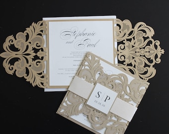 Custom Gold Laser Cut Wedding Invitations // Modern Elegant Luxury