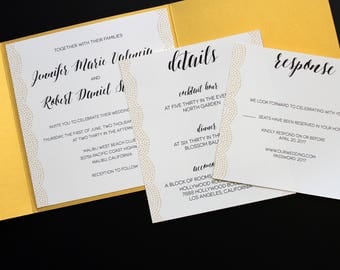 Modern Calligraphy Metallic Gold Pocketfold Wedding Invitation