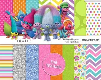 Trolls movie inspired Digital Papers Scrapbook kit 12 x 12 inches commercial use ok DIY printables.