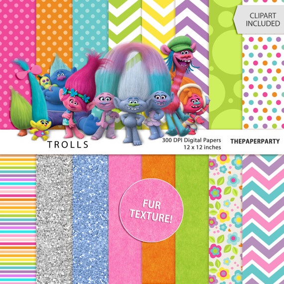 Trolls movie inspired Digital Papers Scrapbook kit 12 x 12