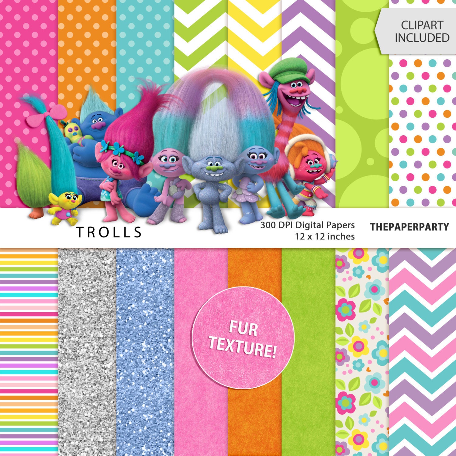 Trolls Movie Inspired Digital Papers Scrapbook Kit 12 X 12