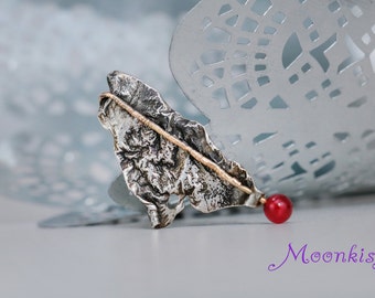 Ready to Ship - Unique Reticulated Silver with Round Carnelian Brooch - Silver Sweater Pin - Small One of a Kind Brooch - Pin with Bead