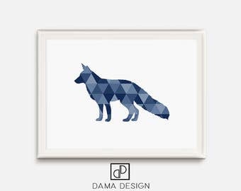 Navy Wall Art, Fox Wall Art, Fox Print, Geometric Animal Print, Triangle Home Decor, Fox Nursery Print, Blue Animal Printable, Downloadable