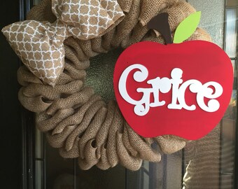 Burlap wreath beige burlap with school or teacher name; school wreath; teacher wreath; everyday wreath
