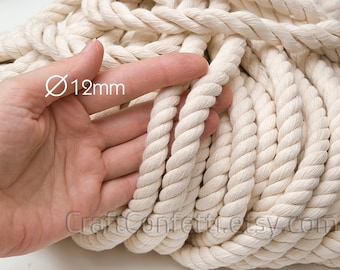 Nautical rope 12mm Beige cotton rope Natural color cotton cord Twisted thick rope Decoration rope Craft supplies Nautical decor / 5 meters