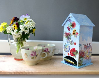 Pansy Tea house, floral tea box wood organizer, tea bags holder storage, cottage kitchen decor, tea lover gift, housewarming gift