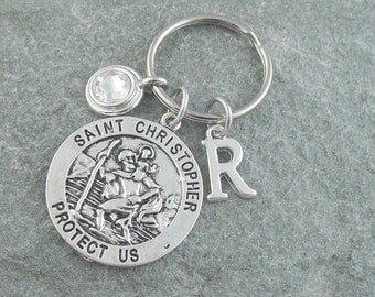 St Christopher keychain, St Christopher keyring, saint christopher, initial keychain, birthstone keychain, custom keychain, travel gift