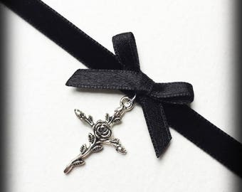 Gothic Cross Choker, Black Velvet Choker Necklace, Gothic Victorian Bow Choker, Silver Rose Cross, Handmade Jewelry, Gothic Gift