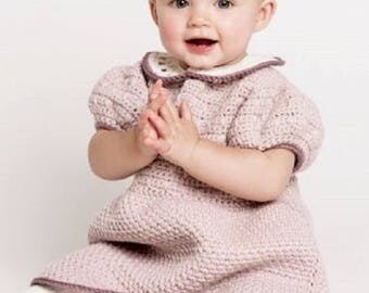 DMC Woolly 5 Crochet Dress Pattern, Ruche dress with Peter Pan Collar, girls dress,crochet babywear , 0-18 months