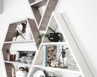 Set of 3 lrg Modern Finish Geometric Interior Wall Shelves, Hexigonal Triangular Shelves Custom Made To Order