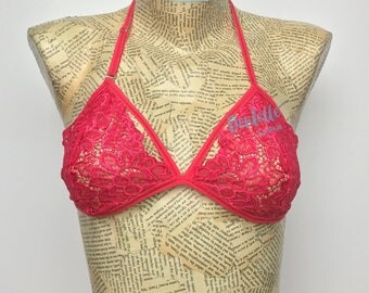 Coral Lace bralette | See through bralette | Racerback bralette | Watermelon color Bralette | Pink bra with adjustable back | Cage Bralette
