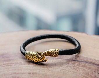 Snake bracelet, Python bracelet, Snake head, black leather bracelet, Cuff bracelet, gift for him, Gothic jewelry, ouroboros,men's jewelry