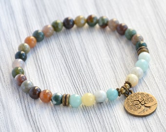 6mm Tree of life bracelet|Gift|for Mom|Indian agate bracelet|Amazonite bracelet|Tree of life jewelry|Womens bracelet|Grandmother gift