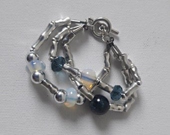 Boho chic Opal beaded cuff silver and blue beads and tubes bracelet, Beaded Bright and Shiny gemstone cuff
