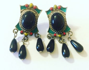 Colorful Vintage Earrings with Black Beads