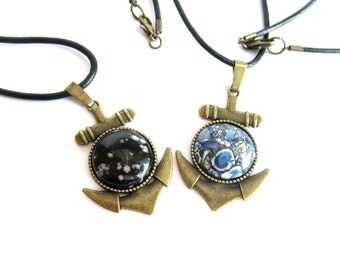 Mens anchor necklace, men stone pendant necklace, brass anchor necklace, nautical necklace men, snow obsidian pendant, men jasper pendant