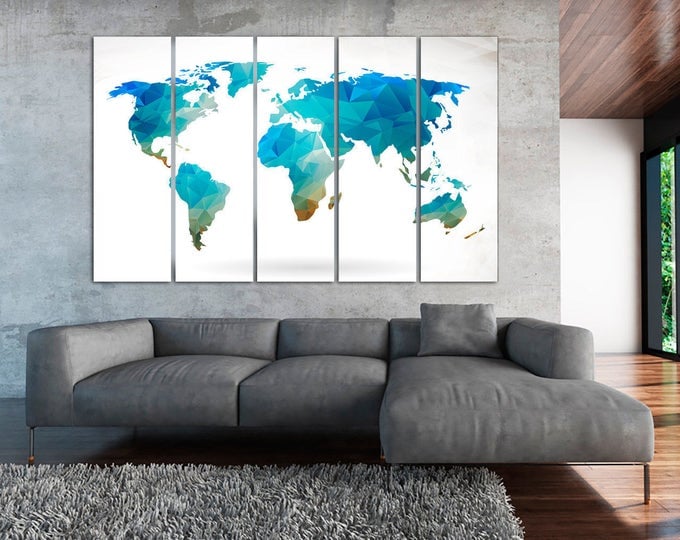 Aqua Polygonal World Map Canvas, Geometric Map, Abstract Wall Art, 3,4 or 5 Panels Aqua world map Canvas Wall Art for Home & Office Decor