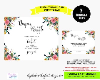 Floral Diaper Raffle Card Printable Set, Baby Shower Raffle Sign, Ticket, Diaper Raffle Sign, PDF Raffle Ticket, PDF Instant Download, Boho