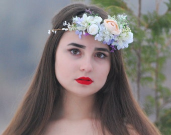 Peach and lavender flower crown floral crown Flower headpiece Flower hair wreath Flower halo Bridal floral crown Wedding flower crown white