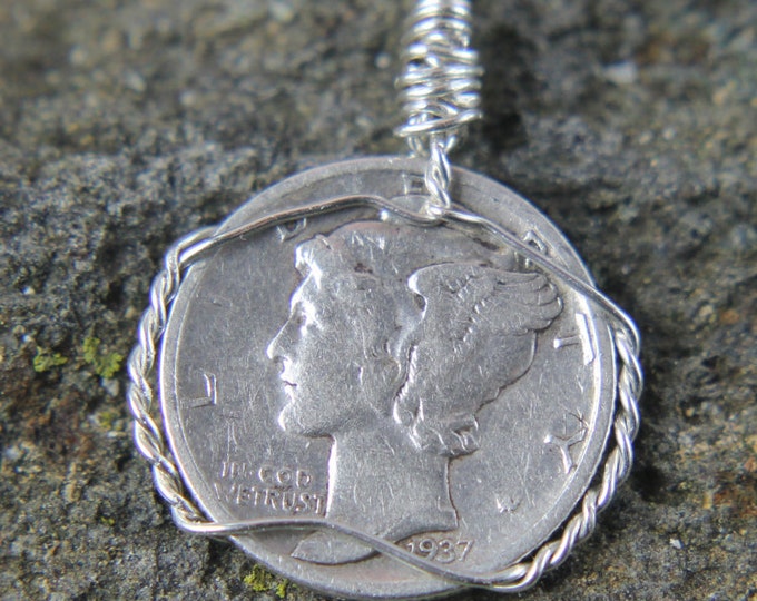 1936 & 1937 Silver Mercury Dime Pendant | Sterling Silver Wire Wrap | Vintage US Coin Jewelry | Necklace or Charm | Gift for Him or Her