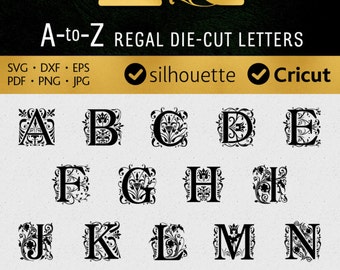 Regal monogram font svg Ornate letters for Silhouette dxf svg Cuttable alphabet svg for Cricut download cut vinyl fonts svg pdf eps png jpg