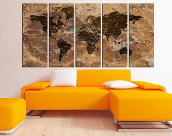Push pin world map wall art canvas, travel map, extra large wall art canvas print, Rustic push pin world map wall with countries No:6S72