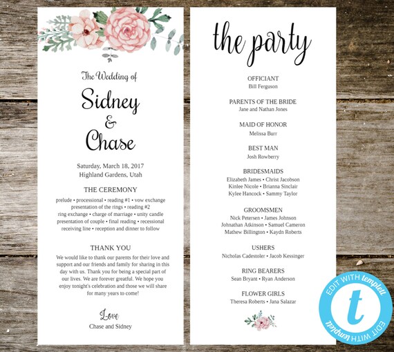 Floral Wedding Program Template Instant Download Edit in