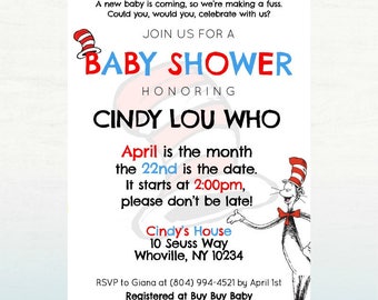 Dr. Seuss Baby Shower Invitation, PRINTABLE Baby Shower Invite, 5x7 DIGITAL FILE