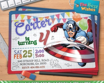 Captain America Invitation, Captain America Birthday Party, Avengers, Superhero, Ballpoint Pen Drawing On Grid Paper, Digital File