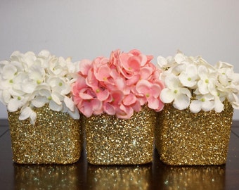 3 Glitter Centerpieces, Glitter Vases, Glass Vases, Wedding Centerpieces, Bridalshower Centerpieces, Babyshower Centerpieces, Cube Vases