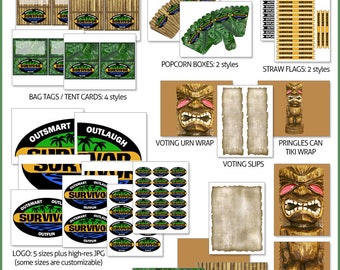 Survivor TV Show Party Printables -- DIGITAL -- Customizable invitations and logos! Voting slips, banner, favors, tikis and more!