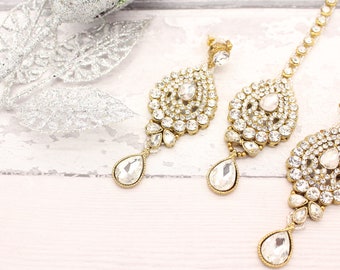 Gold Silver Stone Indian Bollywood Tikka Headpiece & Earring Set Wedding Bridal set