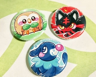 Pokemon Alola Starters Buttons (1.5 in) | Pinback Button Set | Rowlet Litten Popplio