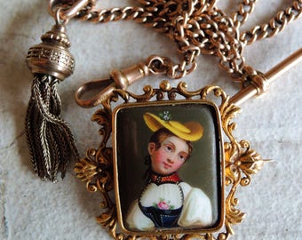 Antique Victorian Enamel Hand Painted Swiss Portrait Brooch