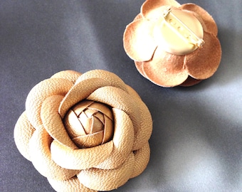 Gold brooch, Chanel brooch, gold faux leather camellia flower brooch