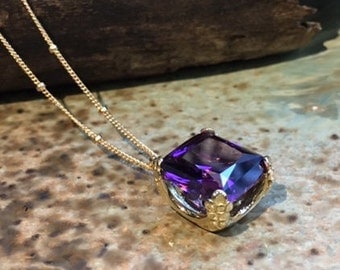 Amethyst necklace, cushion cut stone pendant, amethyst pendant, golden pendant, February birthstone, gold necklace - Hello spring NK2039