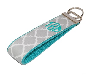Grey Quatrefoil with Mint Monogram Wristlet Keychain You Choose Custom Embroidered Initial 3 Letter or Name Key fob