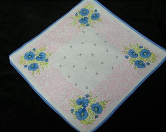 Vintage 1940's 10 1/2" Pink and Blue Floral Wedding, Bridesmaid Handkerchief or Doily, 9821